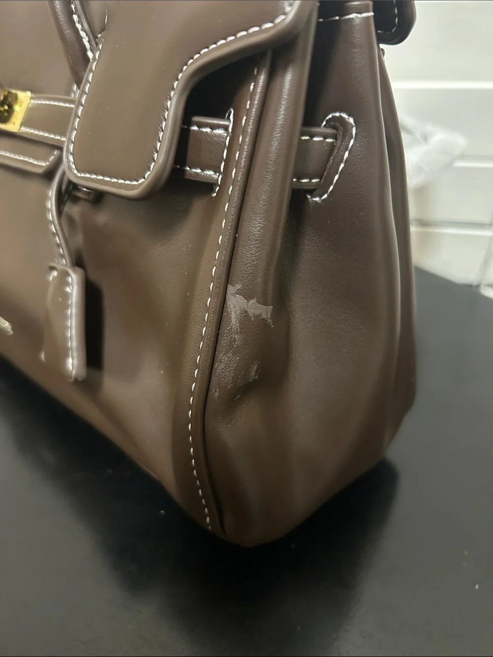 Brown Leather Top-Handle Tote with Gold Hardware